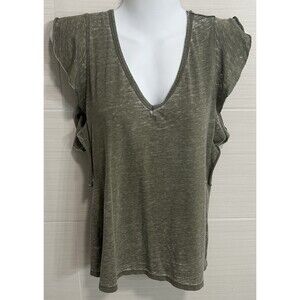 Time & Tru Burnout Olive Green Flutter Sleeve V Neck Top S, Boho Earthy Nature